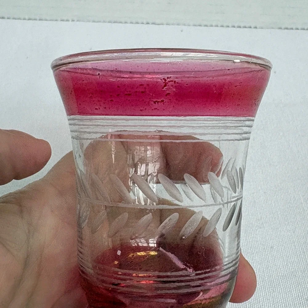 Vintage Cranberry Flashed Glass Shot Glasses Set‎ of 2 Etched Leaf Wheat Pattern